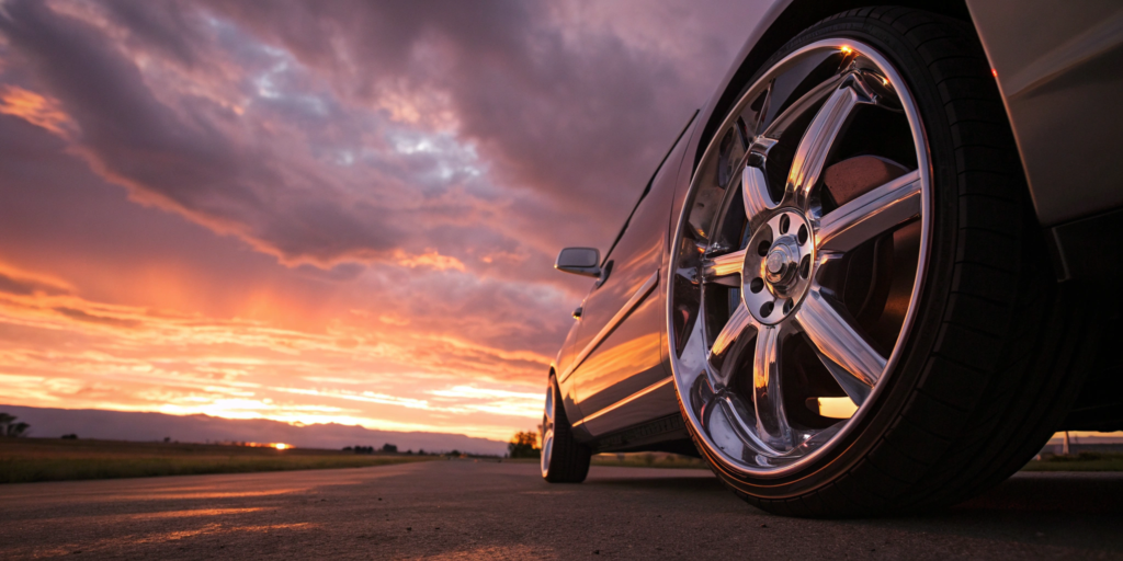 A truck with shiny 20 inch chrome wheels reflecting the sunset.