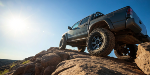 A 4x4 truck with aftermarket rims on a rocky off-road trail.
