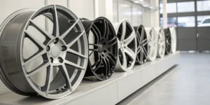 A wall of aftermarket wheels on display at a wholesale distributor showroom.