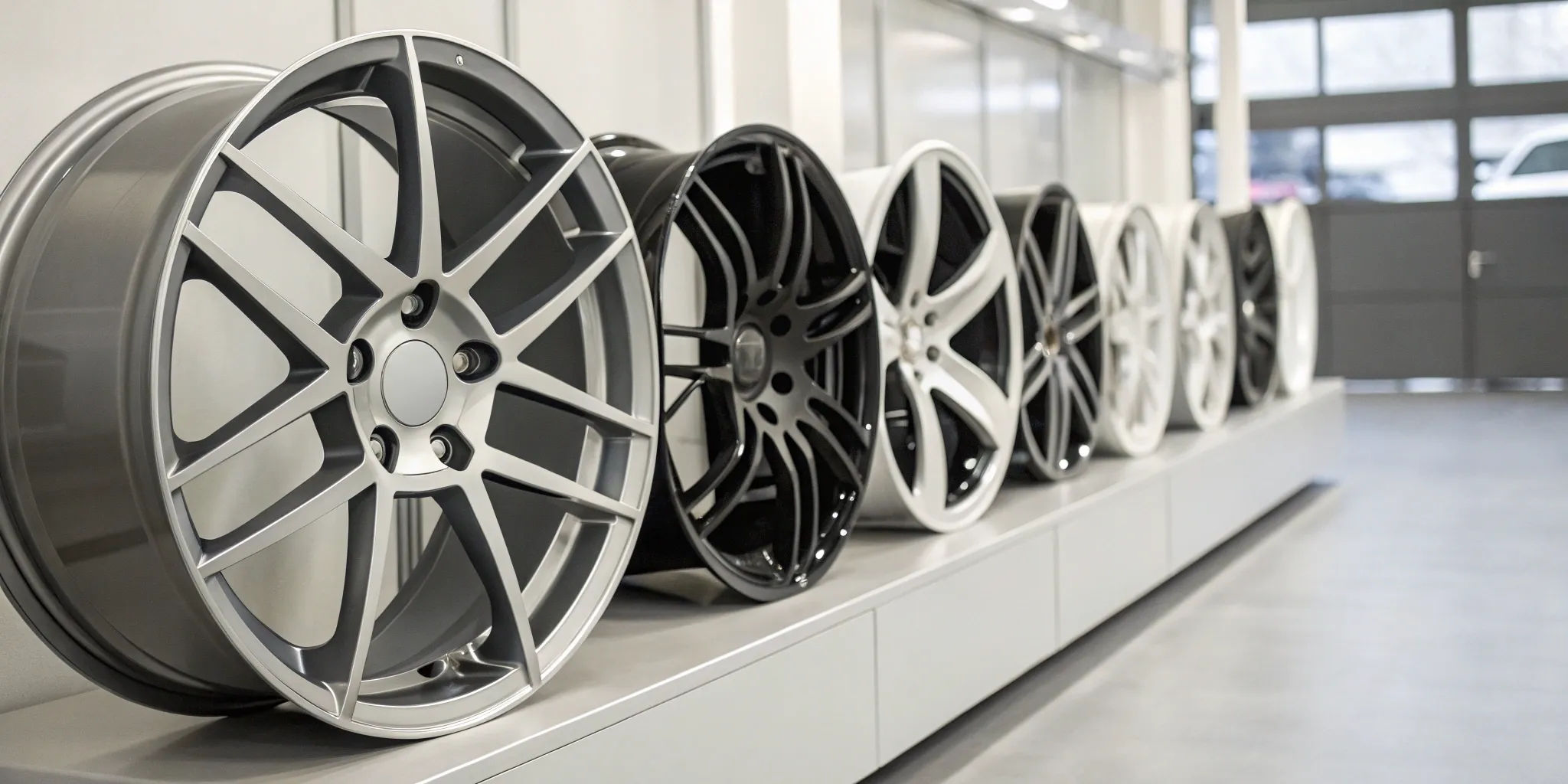 A wall of aftermarket wheels on display at a wholesale distributor showroom.