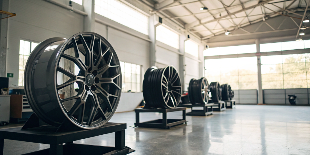 Various styles of wholesale rims for dealers stocked in a distribution warehouse.
