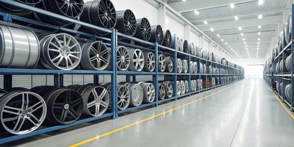 Organized shelves of wholesale rims in a warehouse for wheel dealers.