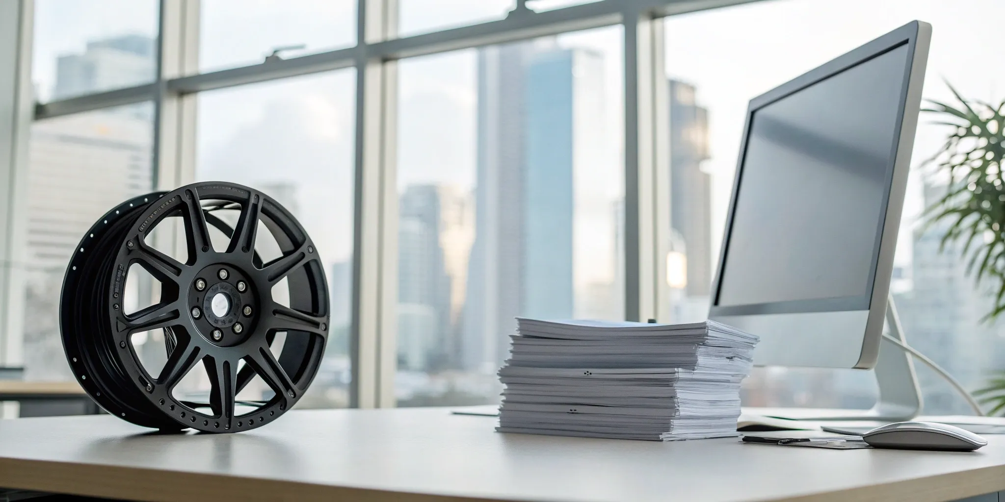 An XF Offroad wheel on a desk next to an application to become a dealer.