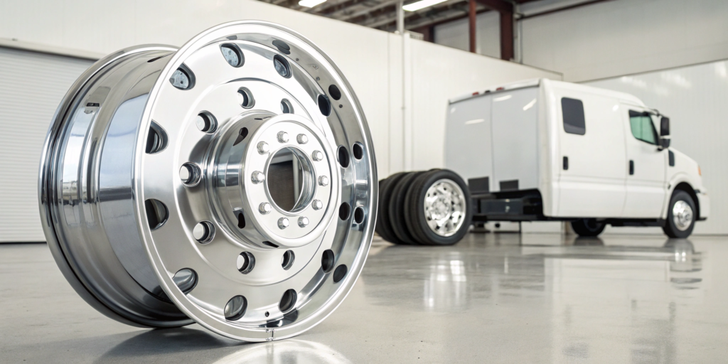 A polished wholesale truck rim sits in front of the commercial truck it's designed for.
