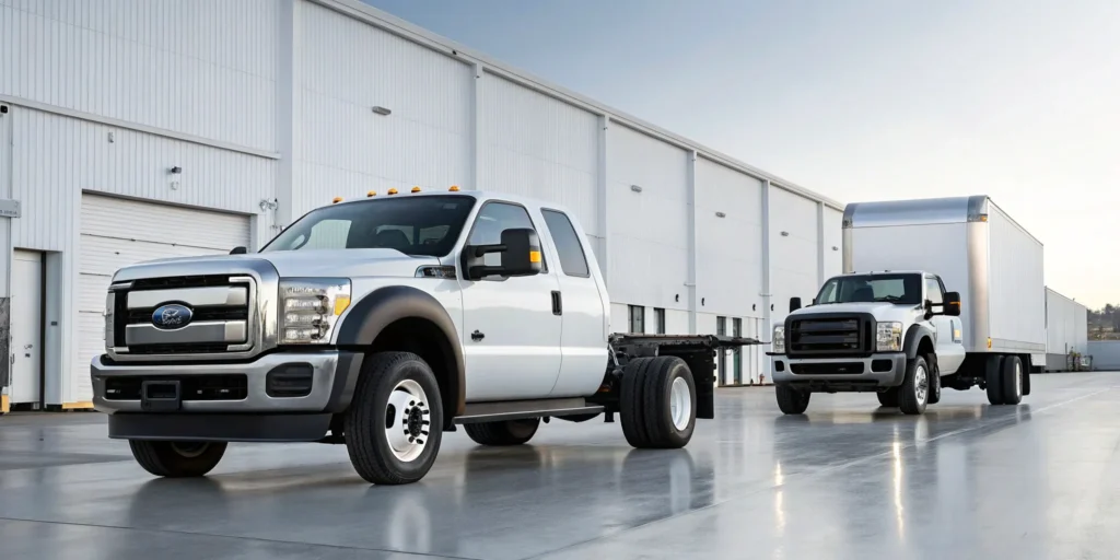 Dually trucks lined up at a wheel distributor warehouse in the USA.