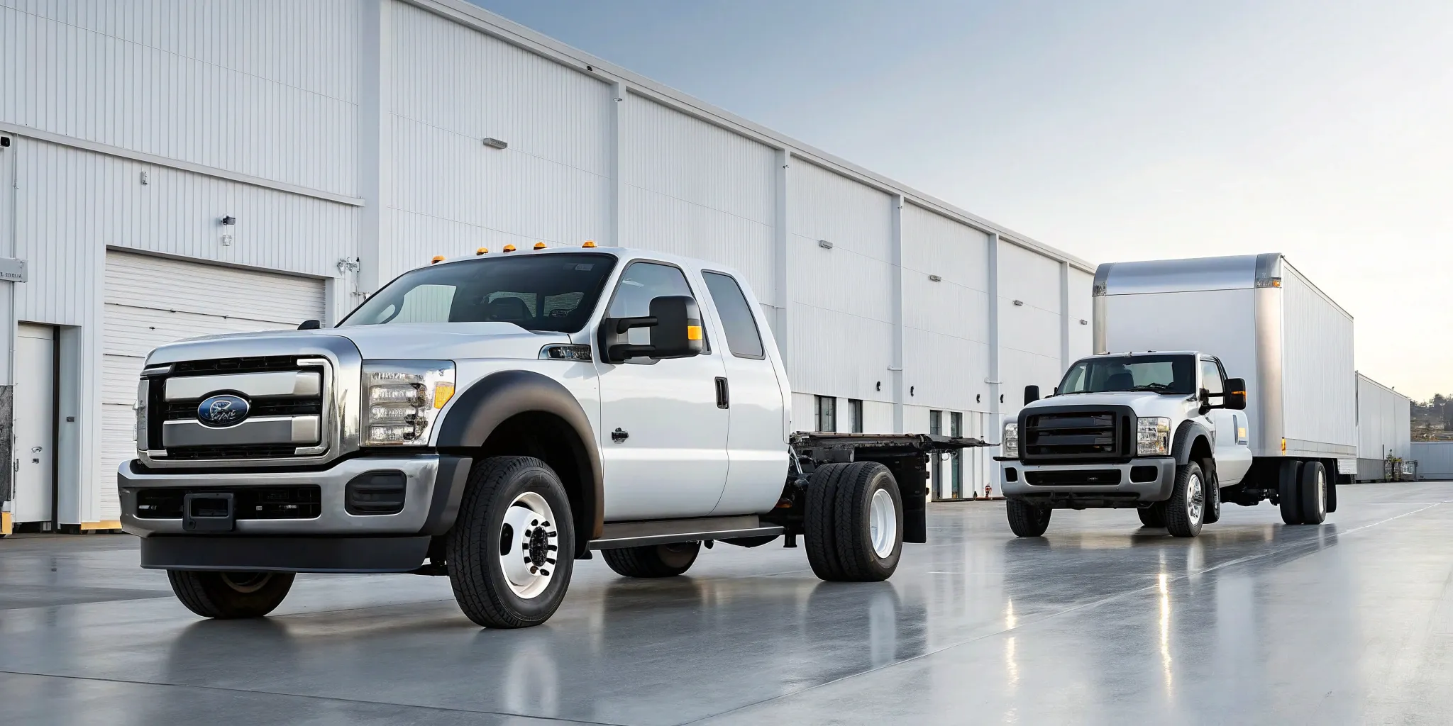 Dually trucks lined up at a wheel distributor warehouse in the USA.