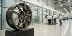 Dealers reviewing a custom forged wheel at a manufacturing facility.
