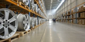 Alloy wheels stacked on pallets in a warehouse, ready to buy in bulk for resale.