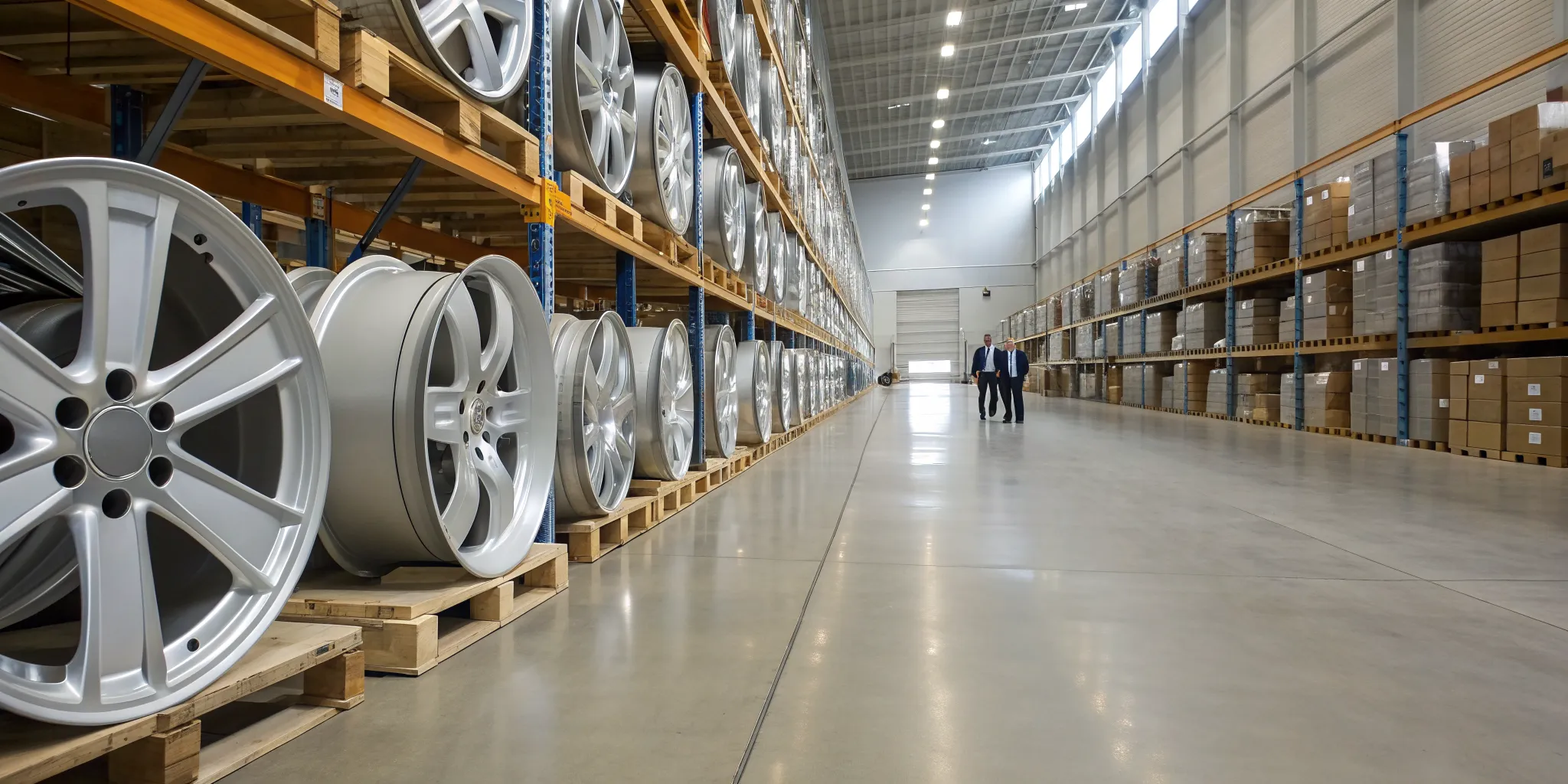 Alloy wheels stacked on pallets in a warehouse, ready to buy in bulk for resale.