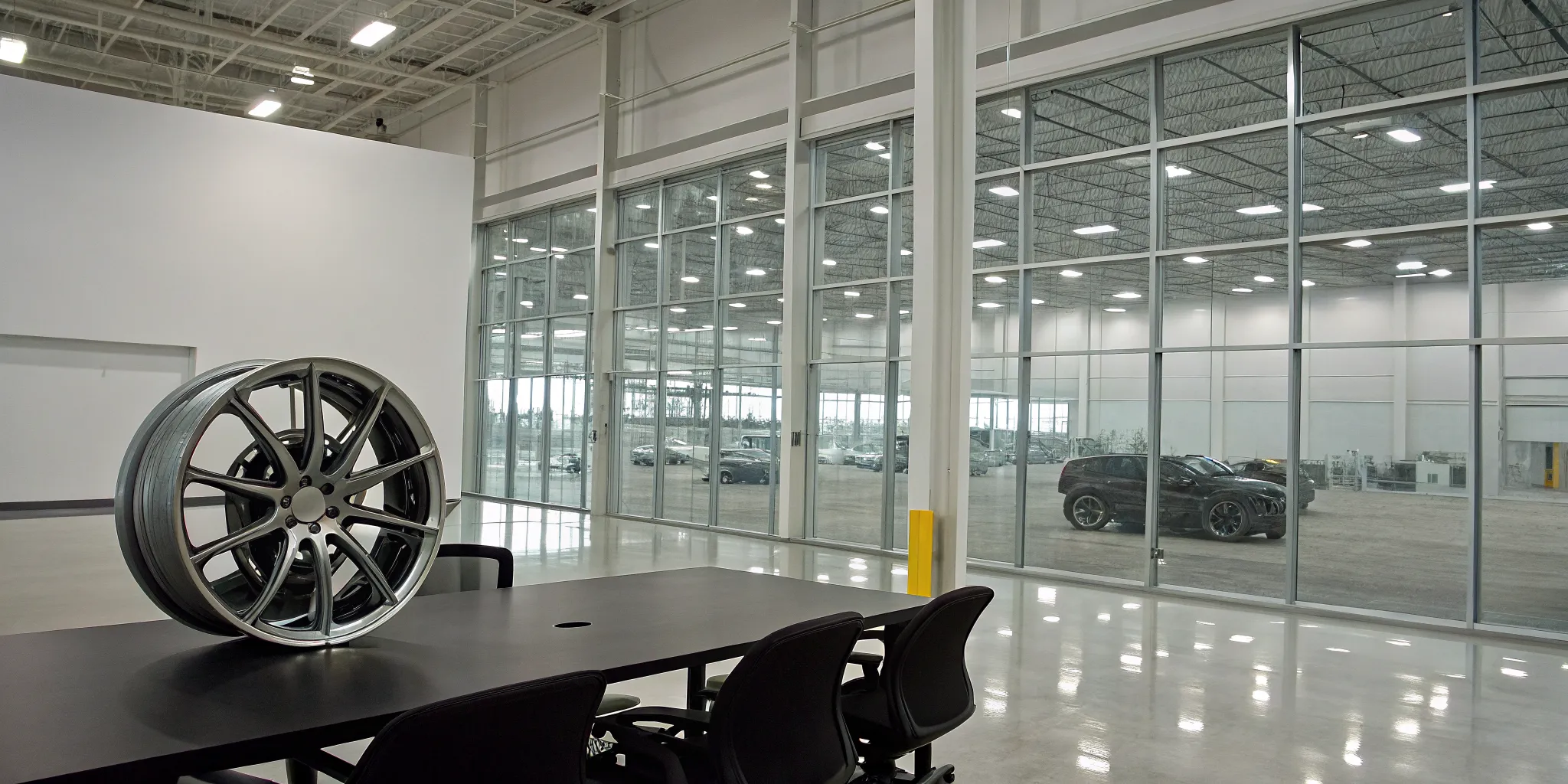 A selection of alloy wheels on display at an automotive wheel distributor.