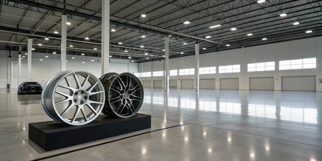 Wholesale racing wheels for dealers stacked on shelves in a distribution warehouse.