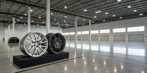 Wholesale racing wheels for dealers stacked on shelves in a distribution warehouse.