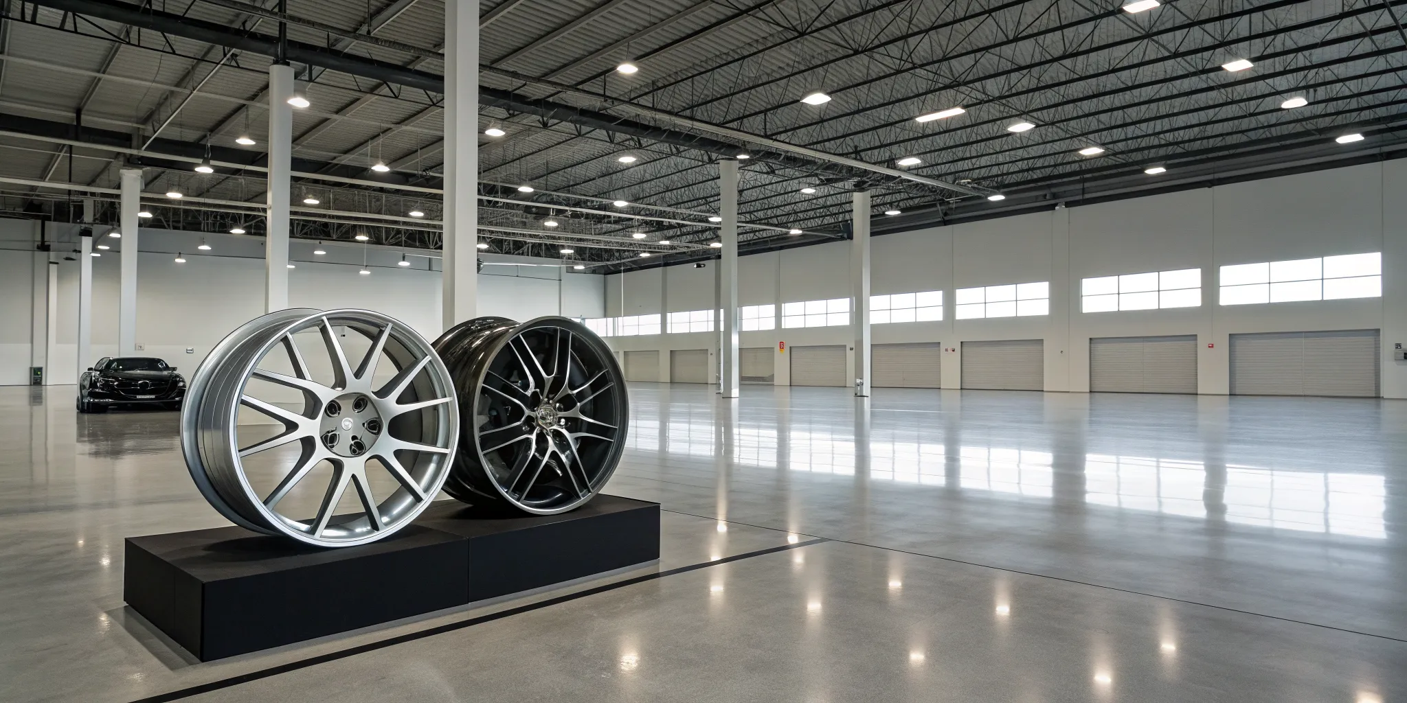 Wholesale racing wheels for dealers stacked on shelves in a distribution warehouse.