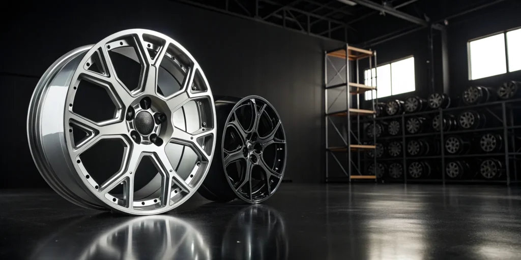 Rows of truck wheels from wholesale suppliers for dealership inventory.