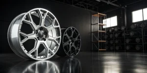 Rows of truck wheels from wholesale suppliers for dealership inventory.