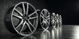 A showroom display of factory replica wheels for a dealer program.